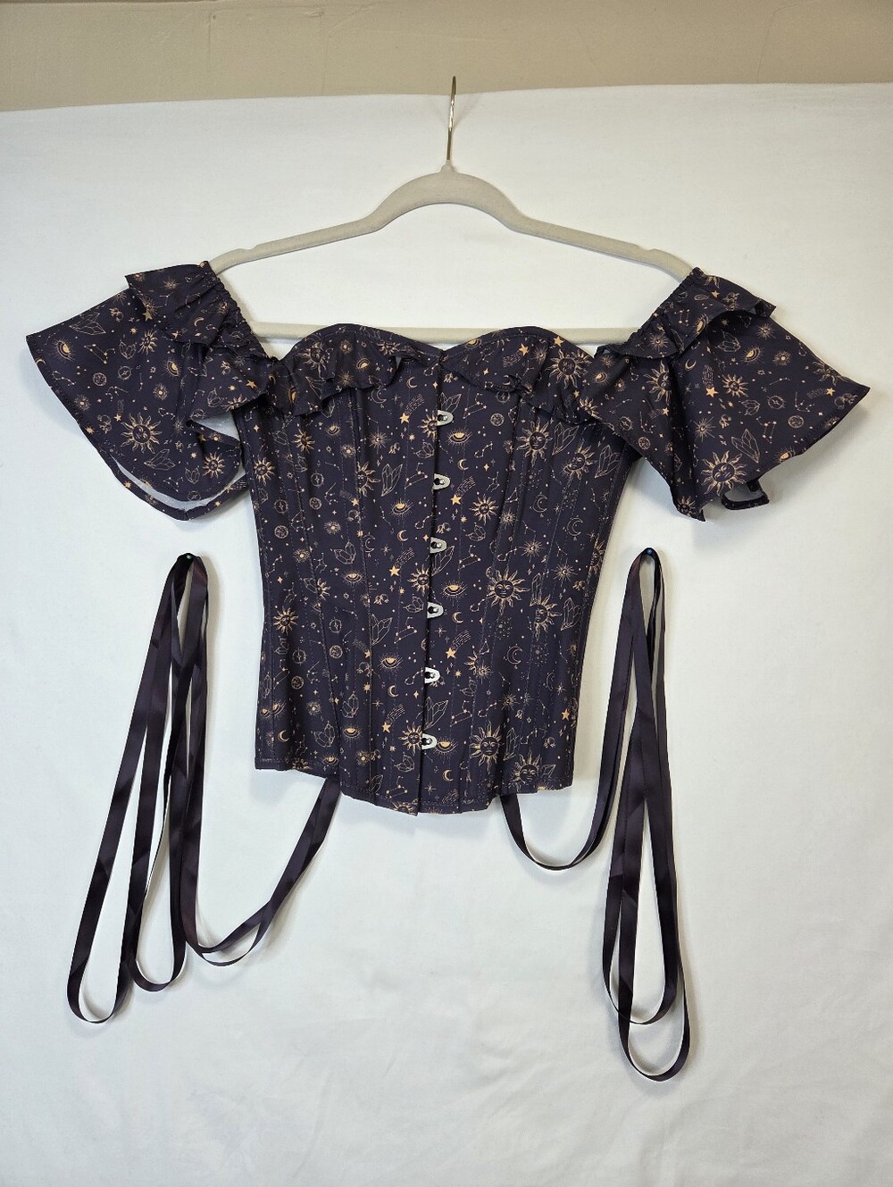 Corset Story Mystic Galaxy Corset Top UK 6 US 2 Indigo Gold Bardot Sleeve
